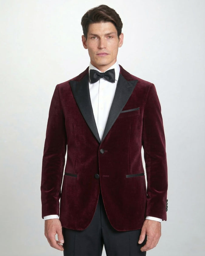 Burgundy Tailored Fit Velvet Peak Lapel Evening Jacket