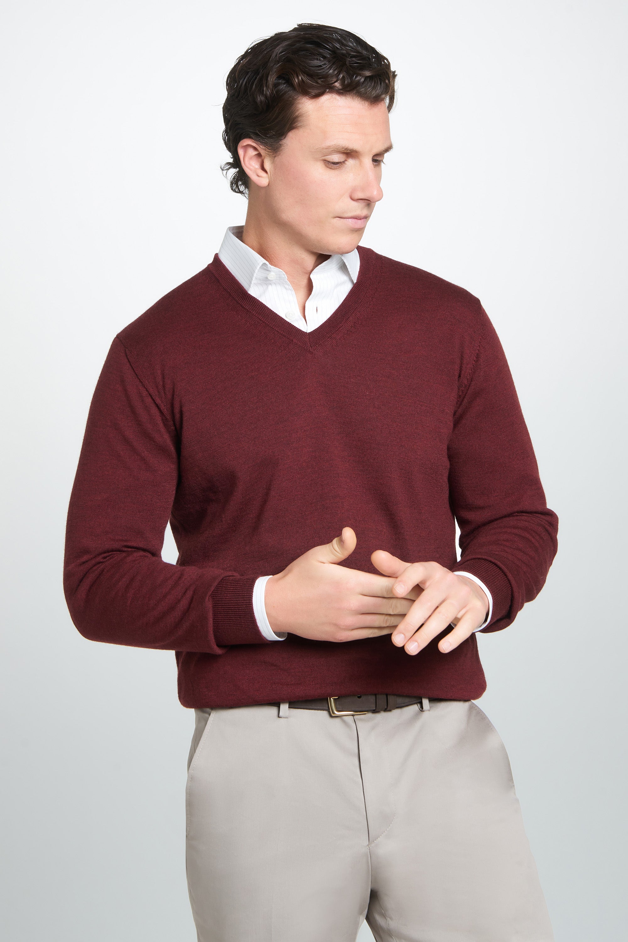Burgundy Merino Wool V-Neck Sweater