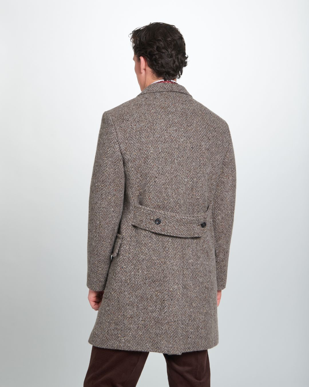 Brown British Wool Herringbone Peak Lapel Overcoat