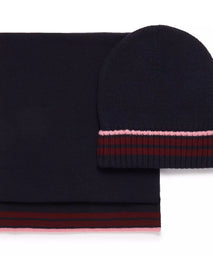 Navy Blue Knitted Merino Wool Hat & Scarf Set