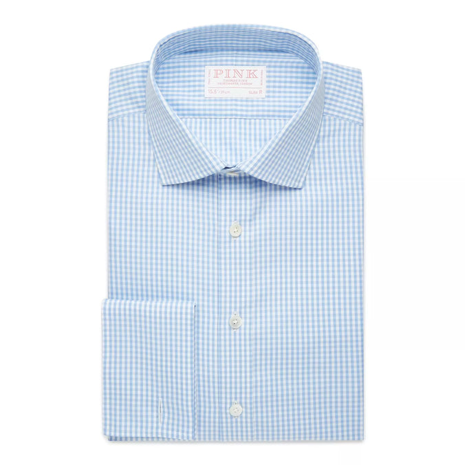 Pale Blue & White Slim Fit Double Cuff Core Poplin Gingham Formal Shirt